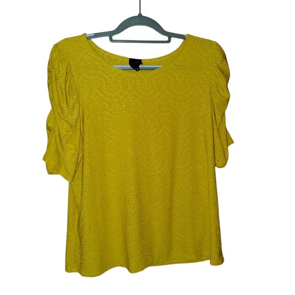 W5 NWT Mustard Yellow Blouse Puff Ruch Sleeve Small Texture Cut Out XL - Picture 1 of 11